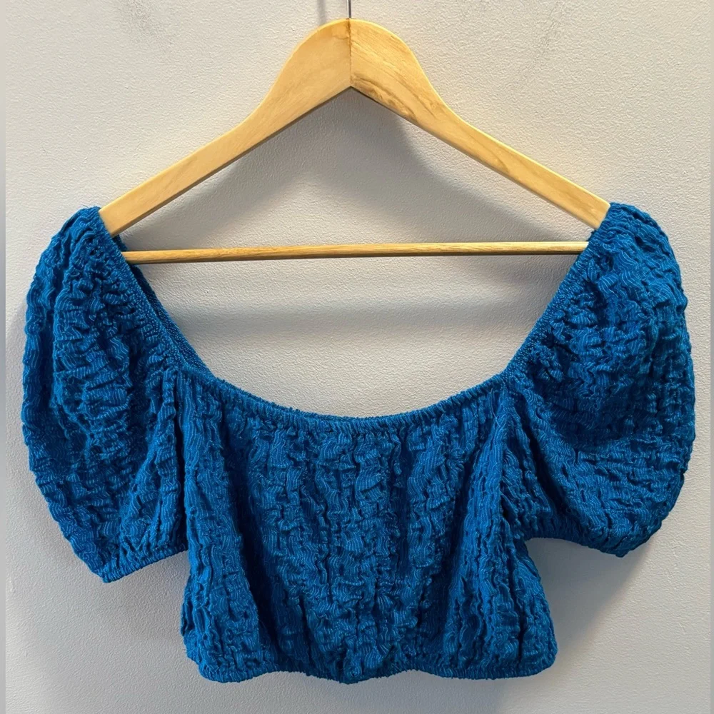 ZARA Cobalt Blue Textured Balloon Puff Sleeve Crop Top Boho Size Large NWT - Picture 5 of 11